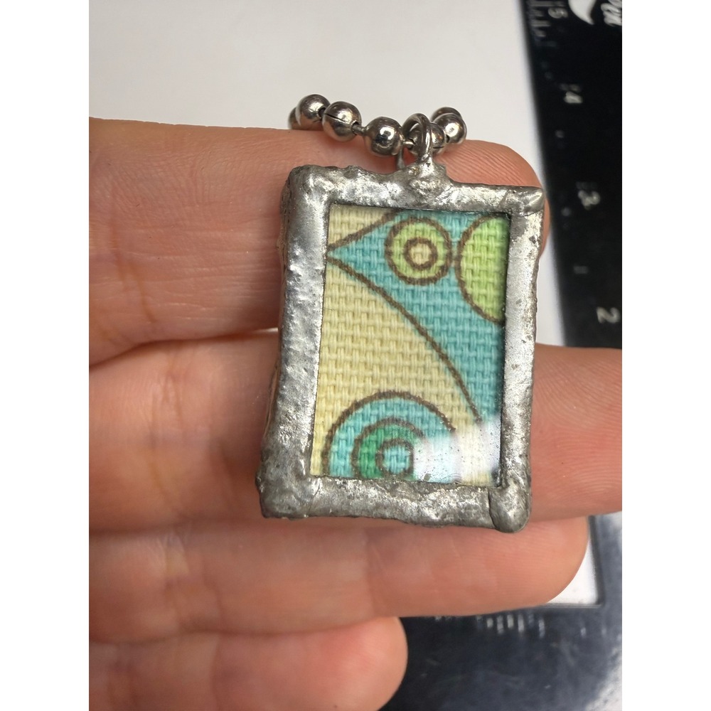Handmade Soldered Textile Pendant Necklace Geometric Abstract Teal Green MCM